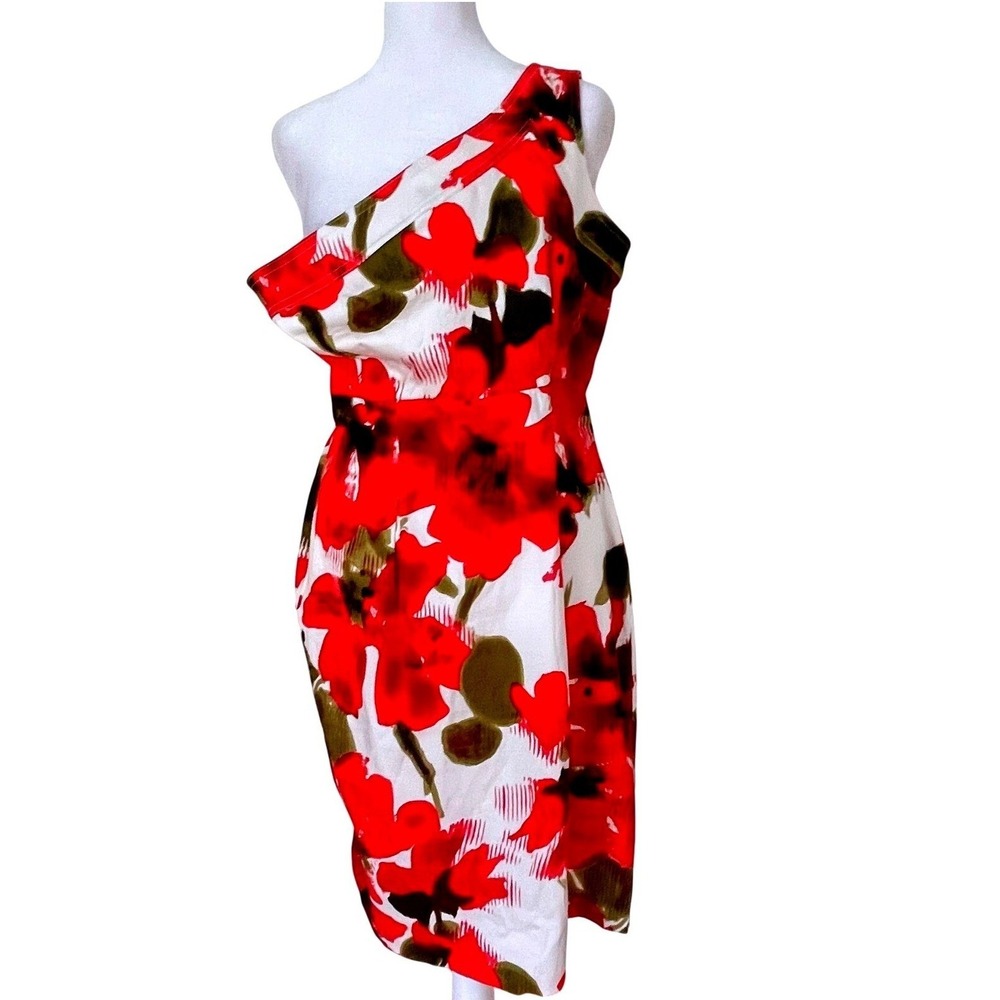 Evan Picone poppy comb red floral dress women's 10 one shoulder cotton 6802 nwt
